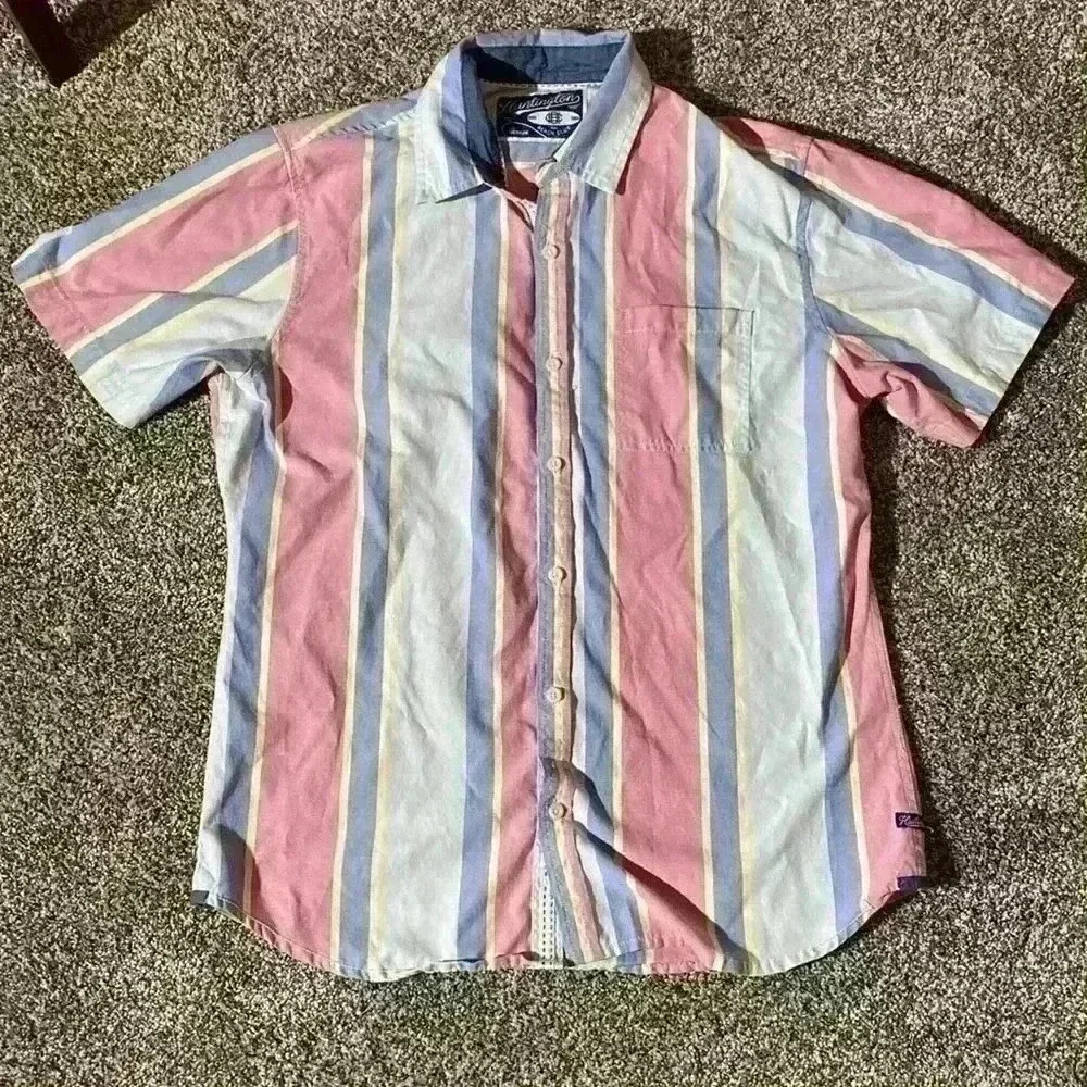 Huntington Beach Club Shirt Mens Medium Pink Blue Yellow Striped Top Button Down